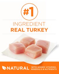 El ingrediente principal es la carne real de pavo. Productos naturales con vitaminas, minerales y nutrientes adicionales