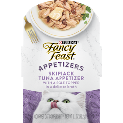 Purina Fancy Feast Appetizers Grain Free Wet Cat Food Complement Skipjack Tuna Appetizer with a Sole Cat Food Topper