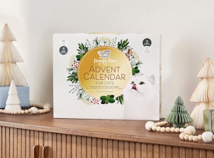 Fancy Feast Advent calendar on a shelf decorated for the holidays