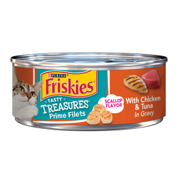 Alimento húmedo para gatos Friskies Tasty Treasures de sabor a vieiras con pollo y atún en salsa preparada con jugo de cocción
