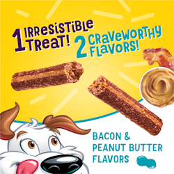 One irresistible treat! Two craveworthy flavors! Bacon & peanut butter flavors.