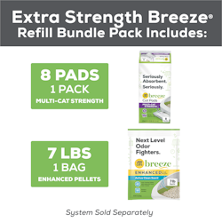 El paquete de repuesto Breeze incluye 8 alfombrillas sanitarias y una bolsa de 7 libras de gránulos