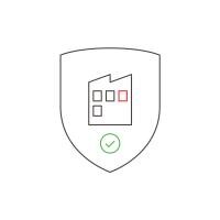 A shield with a building and check mark