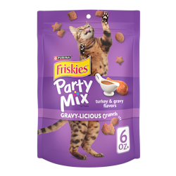 Friskies Party Mix Gravy-licious Turkey Crunch Cat Treats package