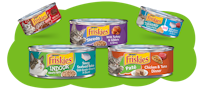 Friskies wet cat food on green, cloud shaped background