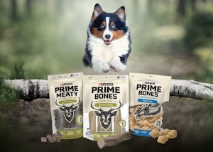 Excited dog jumping over a log and Prime Dog Chews and Treats packages.
