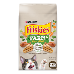 Friskies Farm Favorites With Chicken And Flavors of Carrots & Spinach Dry Cat Food package