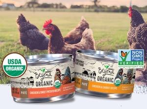 Beyond certified organic wet cat food recipes over an image of free range chickens in field
