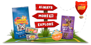 Friskies products on a map, around signposts that read “Always More to Explore” and a branded cat-eared hot air balloon flying by
