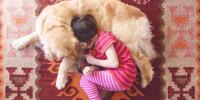 young girl snuggling with golden retriever dog