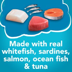 Hecho con carne real de sardinas, pescado blanco, salmón, pescado marino y atún