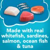 Hecho con carne real de sardinas, pescado blanco, salmón, pescado marino y atún