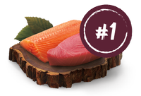 A piece of fish on a wood slice