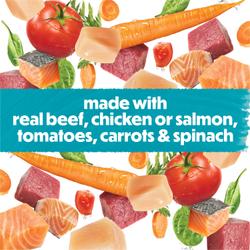 made with real beef, chicken or salmon, tomatoes, carrots and spinach