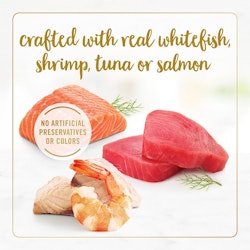 Crafted with real whitefish, shrimp, tuna, or salmon. No artificial preservatives or colors.