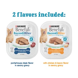 beneful incredibites pate two flavors included porterhouse steak chicken bacon in savory gravy