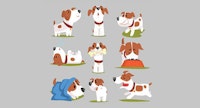 illustration of multiple variations of a dog running, jumping, sleeping, eating, and more