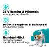 A tri-colored small dog bows down playfully on a white and teal blue background in the bottom right corner. Next to the dog is bullet-pointed text that reads "23 vitamins and minerals to support overall health, 100% complete and balanced for adult small dogs, nutrient-rich recipe formulated specifically for small dogs." 