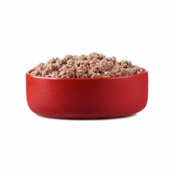 wet dog food in red bowl