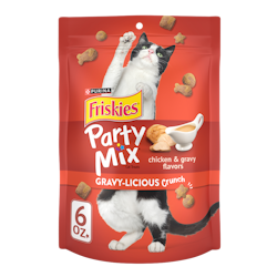 Friskies Party Mix Gravy-licious Chicken Crunch Cat Treats package