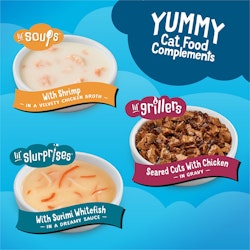 Yummy Cat Food Complements – Lil’ Soups With Shrimp in a Velvety Chicken Broth, Lil’ Grillers Seared Cuts With Chicken In Gravy, Lil’ Slurprises With Surimi Whitefish in a Dreamy Sauce