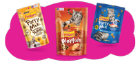 Friskies cat treats pouches on top of a pink Friskies cloud
