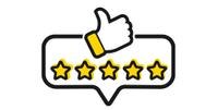 five stars within speech bubble and a thumbs up
