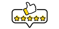five stars within speech bubble and a thumbs up