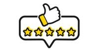 five stars within speech bubble and a thumbs up