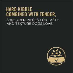 el kibble duro se combina con piezas tiernos trituradas para el sabor y la textura que los perros adoran