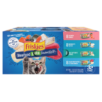 Paquete surtido de 32 unidades de alimento húmedo para gatos Friskies Paté de mariscos favoritos