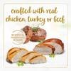 Elaborado con carne real de pollo, pavo o res. Sin conservantes ni colores artificiales.