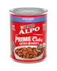 Red can of Purina ALPO Prime Cuts Wet Dog Food With Beef in Gravy