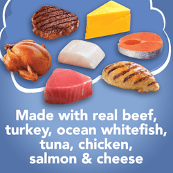 Elaborado con carne de res, pavo, pescado blanco, atún, pollo, salmón y queso de verdad