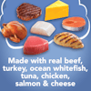 Elaborado con carne de res, pavo, pescado blanco, atún, pollo, salmón y queso de verdad