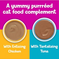 A yummy purrreed cat food complement with enticing chicken with tantalizing tuna 