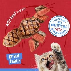 With beef in gravy. Great taste. No artificial colors or preservatives seal.