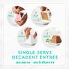 Fancy Feast Gems single-serve decadent entrée serving instructions for no mess or leftovers. 1: Peel. 2: Flip. 3: Pinch. 4: Serve.