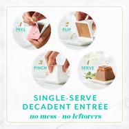 Fancy Feast Gems single-serve decadent entrée serving instructions for no mess or leftovers. 1: Peel. 2: Flip. 3: Pinch. 4: Serve.
