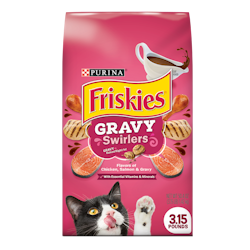 Friskies Gravy Swirlers With Flavors of Chicken, Salmon & Gravy Dry Cat Food package