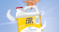 Tidy Cats LightWeight litter jug being held by a pinky finger