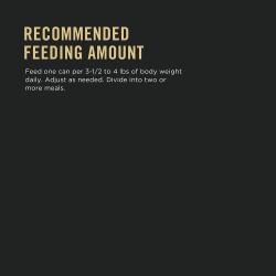 Recommended feeding amount.  Feed one can per 3-1/2 to 4 lbs of body weight daily. Adjust as needed. Divide into two or more meals.