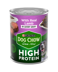 Dog chow high protein wet food in savory gravy with lamb