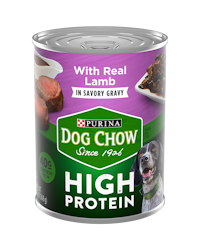 Dog chow high protein wet food in savory gravy with lamb