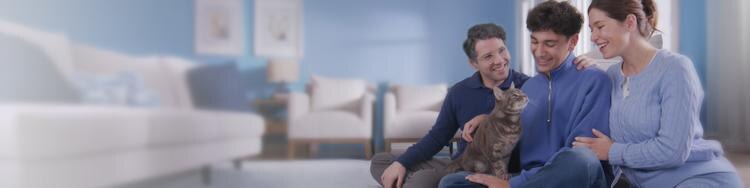 A family of three sit in a living room; all three happily look down at a tabby cat sitting in the adult son's lap.