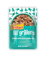 Aderezo de alimento para gatos Friskies Lil Grillers con pescado blanco en salsa