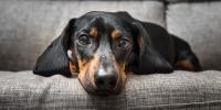 dachshund marrón y negro acostado en sofá gris
