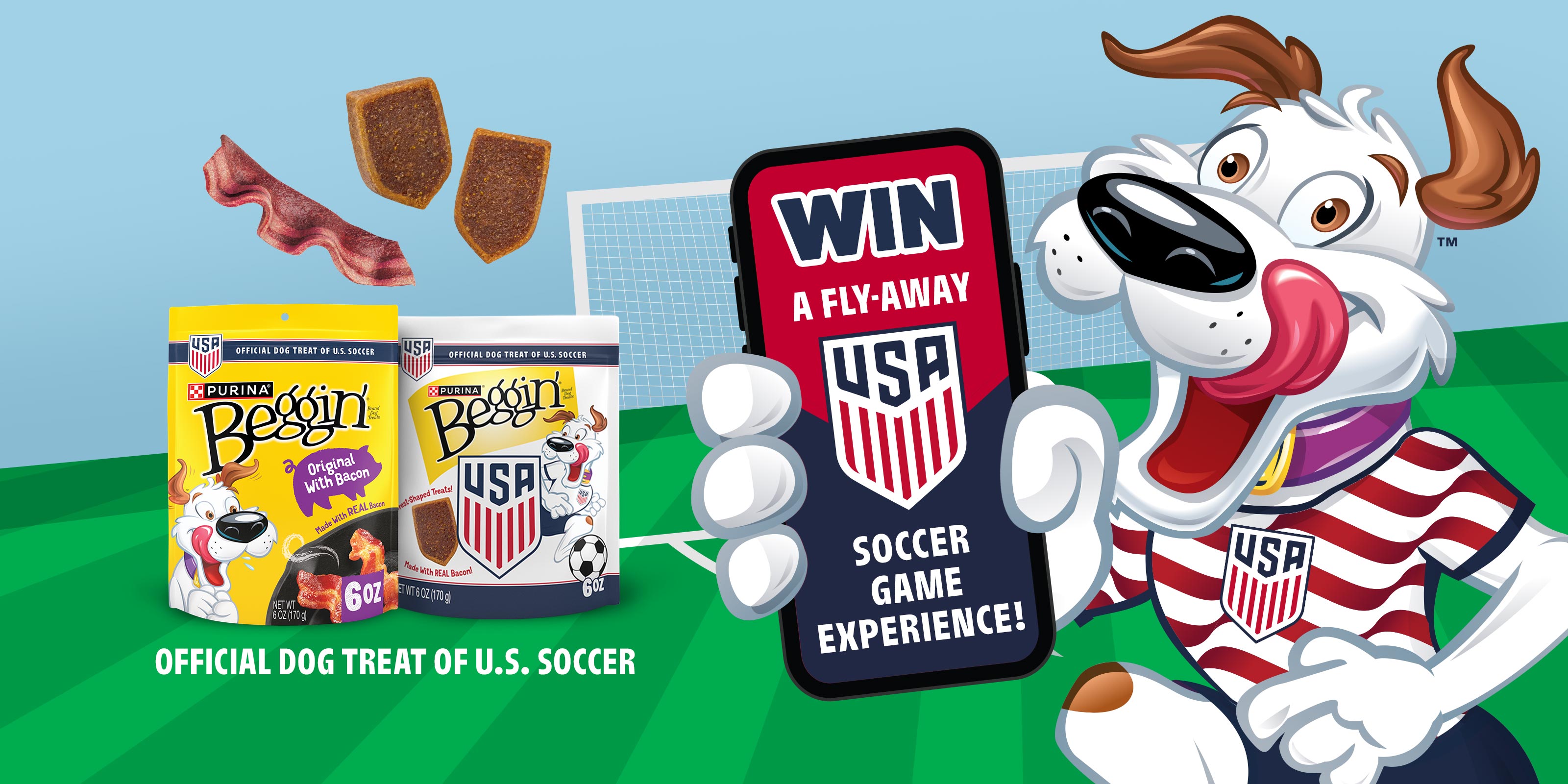 Beggin’ treat bags and Hamlet holding a cell phone that says Win a Fly-Away Soccer Game Experience