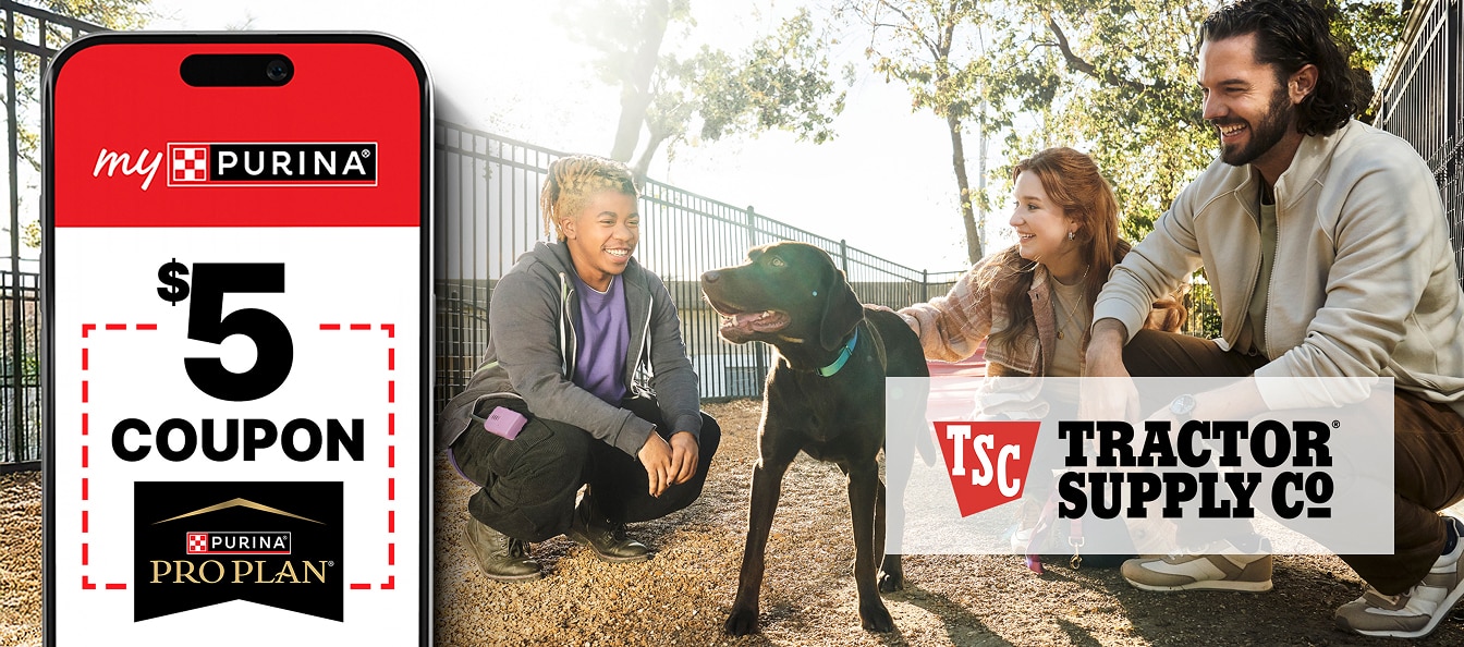 Two women and a man petting dog, $5 coupon on Pro Plan pet food