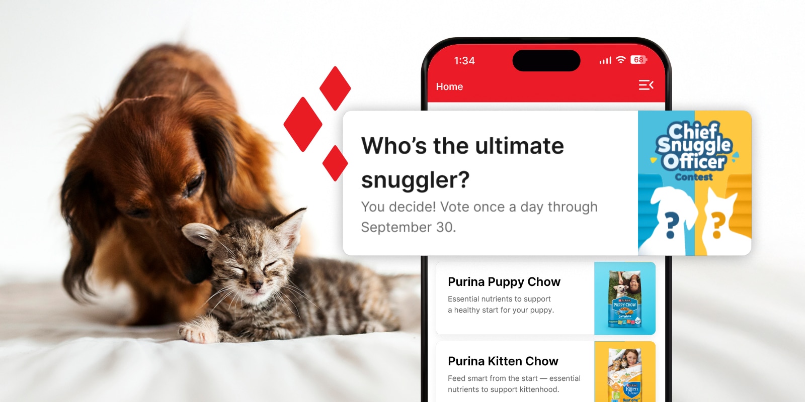 Dog and kitten next to phone with text 'Who’s the ultimate snuggler?' and Purina app interface.